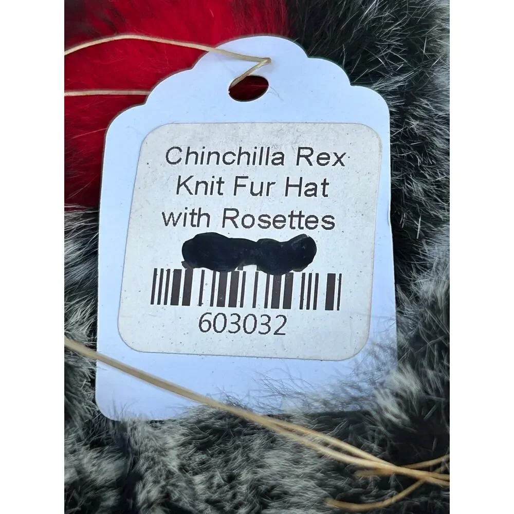Knitted rex rabbit fur beanie hat textured rose/floral  Red, black and white